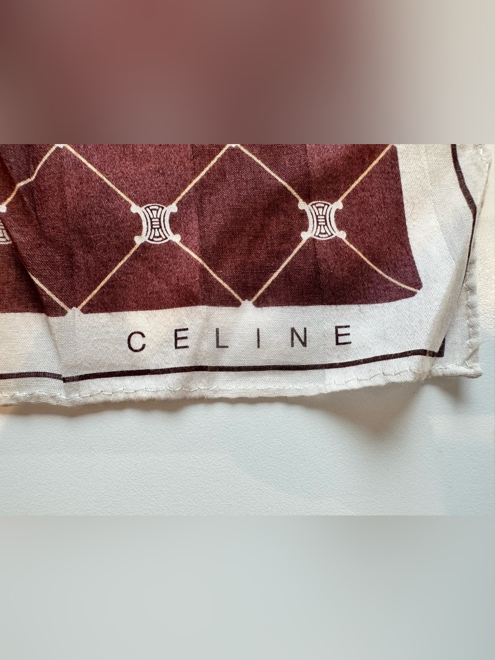 Vintage Celine Monogram Logo Scarf Handkerchief Burgundy Ivory